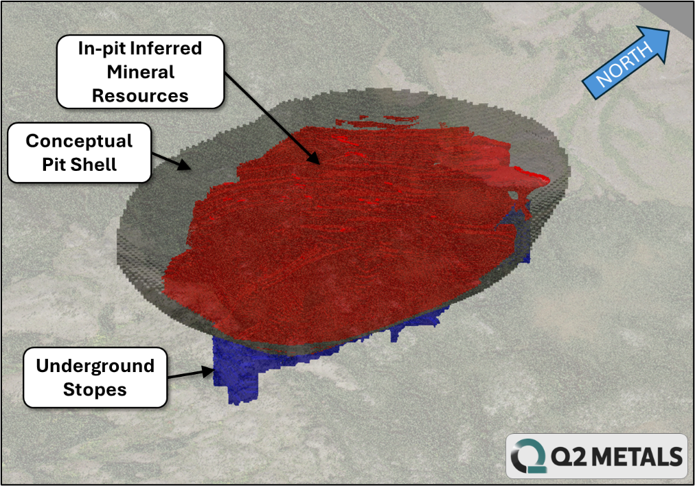 Figure 4. Oblique view of the Mineral Resource Estimate, Underground Stopes and the Conceptual Pit Shell