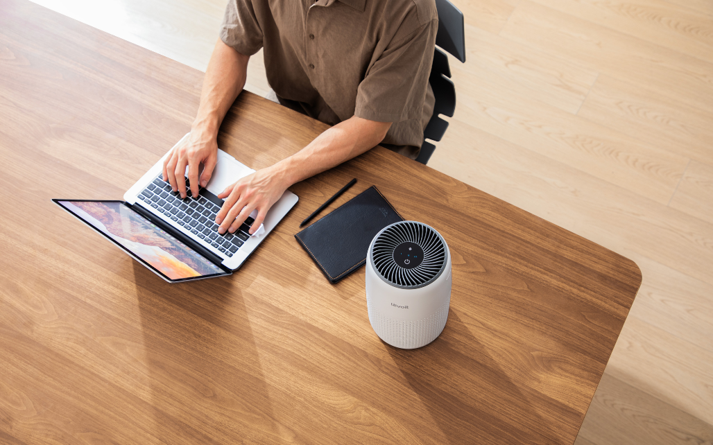 Levoit Core series air purifier in a modern living room setup